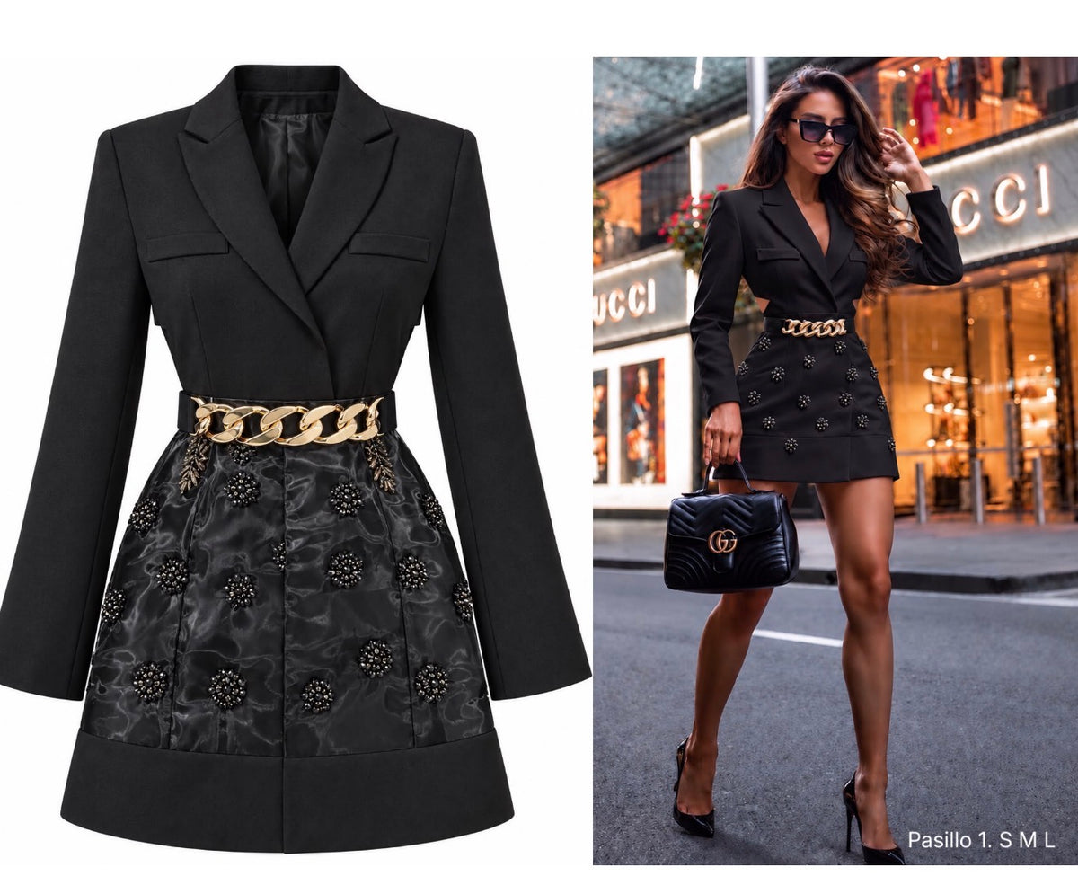 Vestido Blazer Elegante para Mujer con Cinturón Dorado