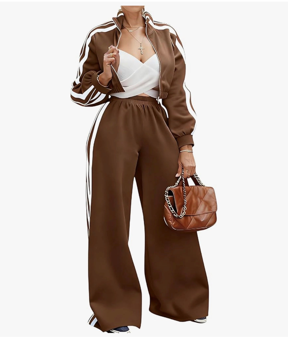 Conjunto deportivo Mujer 2 piezas estilo chic chaqueta y pantalon palazzo con rayas laterales