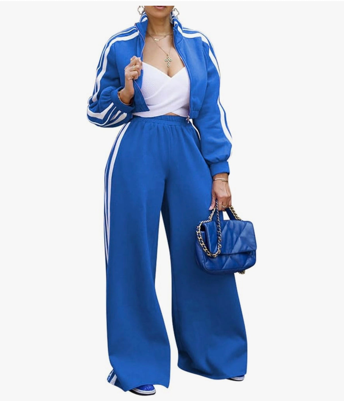 Conjunto deportivo Mujer 2 piezas estilo chic chaqueta y pantalon palazzo con rayas laterales