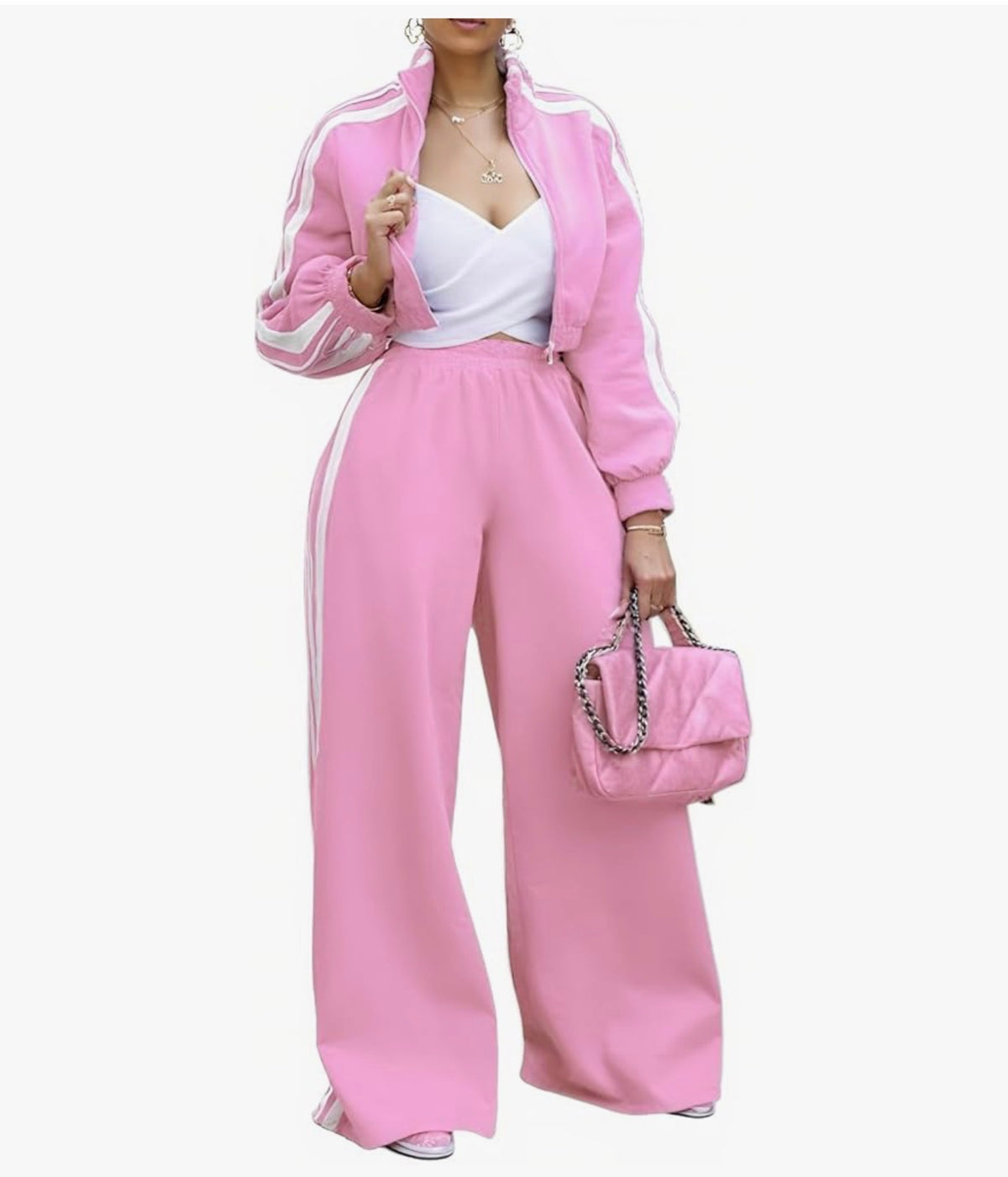 Conjunto deportivo Mujer 2 piezas estilo chic chaqueta y pantalon palazzo con rayas laterales