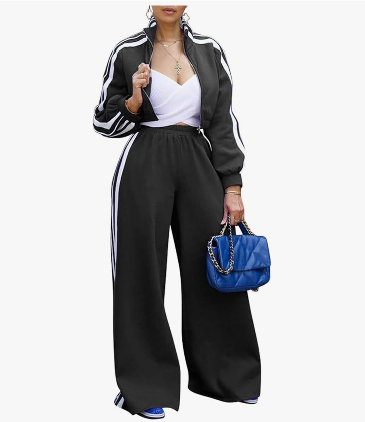 Conjunto deportivo Mujer 2 piezas estilo chic chaqueta y pantalon palazzo con rayas laterales