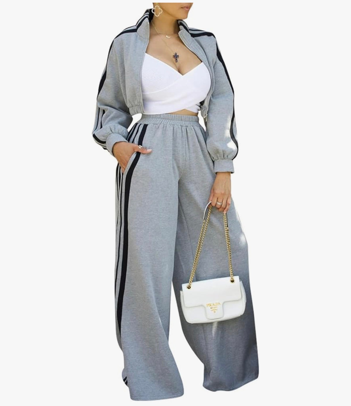 Conjunto deportivo Mujer 2 piezas estilo chic chaqueta y pantalon palazzo con rayas laterales