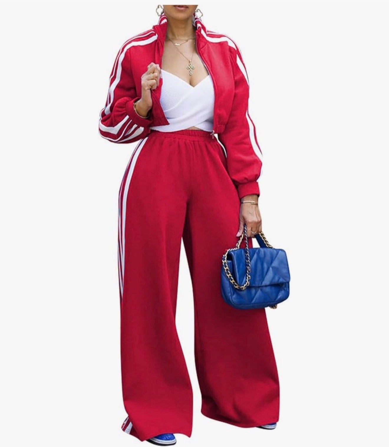 Conjunto deportivo Mujer 2 piezas estilo chic chaqueta y pantalon palazzo con rayas laterales