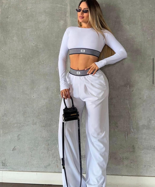 conjunto deportivo Mujer 2 piezas premium crop top manga larga +pantalon wide leg